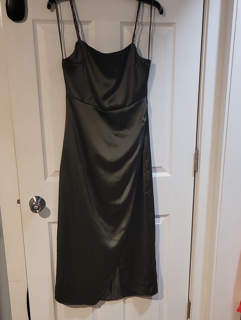 Zara Olive Satin Midi Slip Dress with Cowl Neck